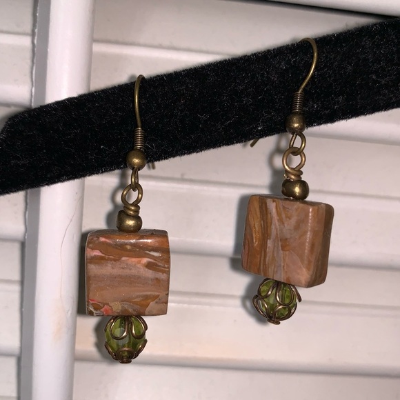 Earthy Marble Clay with Green Globed Bead Earrings - Picture 1 of 3